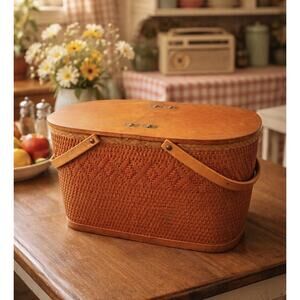 Vintage Redmon Woven Wicker Hinged Wood Top Picnic Basket USA Indiana 50's